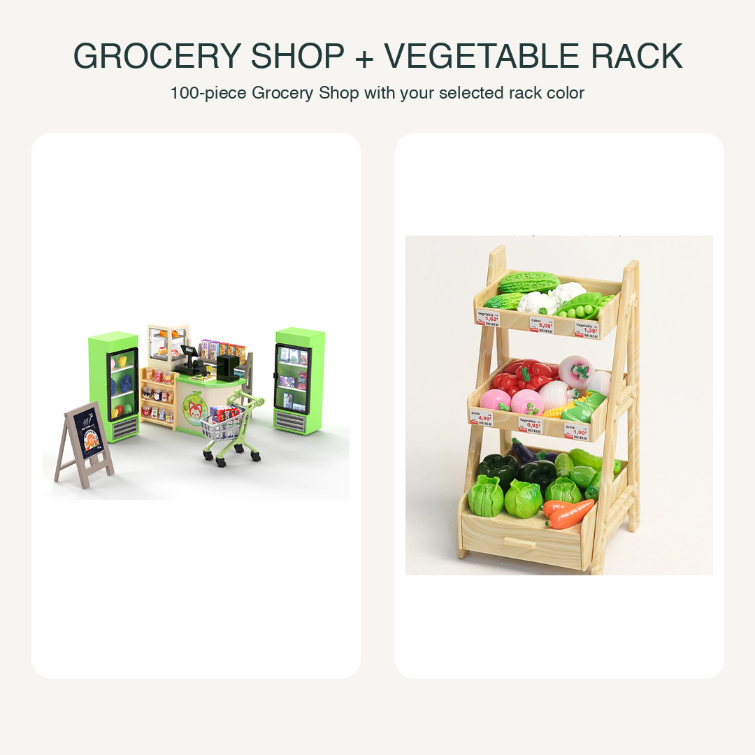 Stocked and Ready: 100-Piece Grocery Shop and Vegetable Rack Bundle